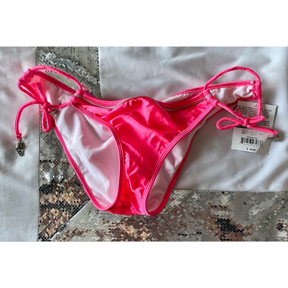 New Split Hot Pink Strappy Zipper Bikini Bottom L